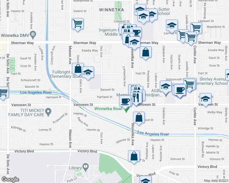 map of restaurants, bars, coffee shops, grocery stores, and more near 20206 Bassett Street in Los Angeles