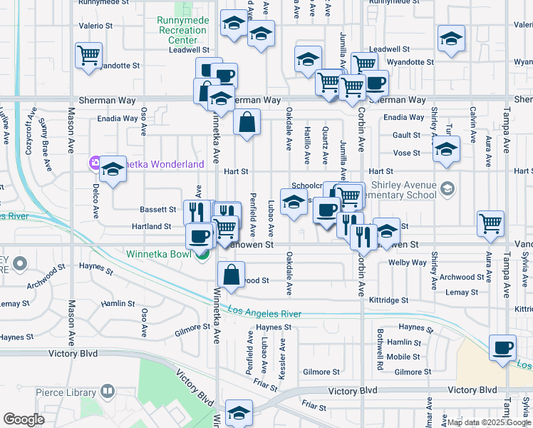 map of restaurants, bars, coffee shops, grocery stores, and more near 6851 Lubao Avenue in Los Angeles
