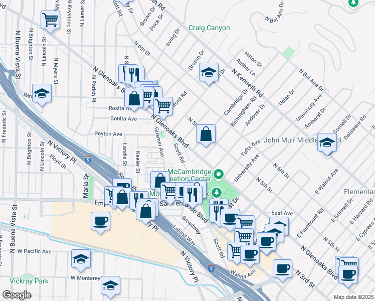 map of restaurants, bars, coffee shops, grocery stores, and more near 1811 North Glenoaks Boulevard in Burbank
