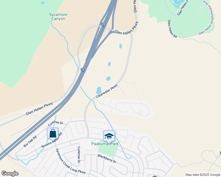 map of restaurants, bars, coffee shops, grocery stores, and more near Clearwater Parkway in San Bernardino