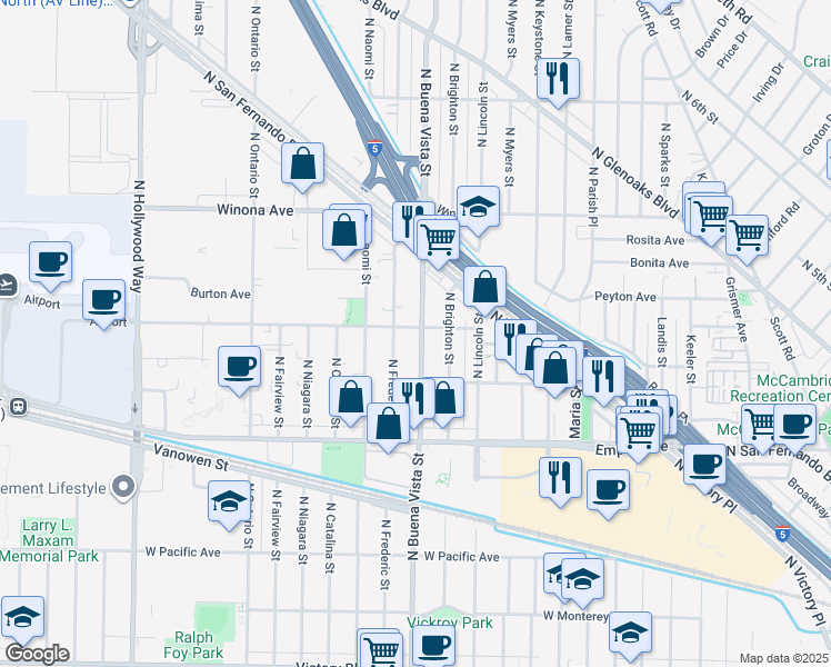 map of restaurants, bars, coffee shops, grocery stores, and more near 2145 North Buena Vista Street in Burbank