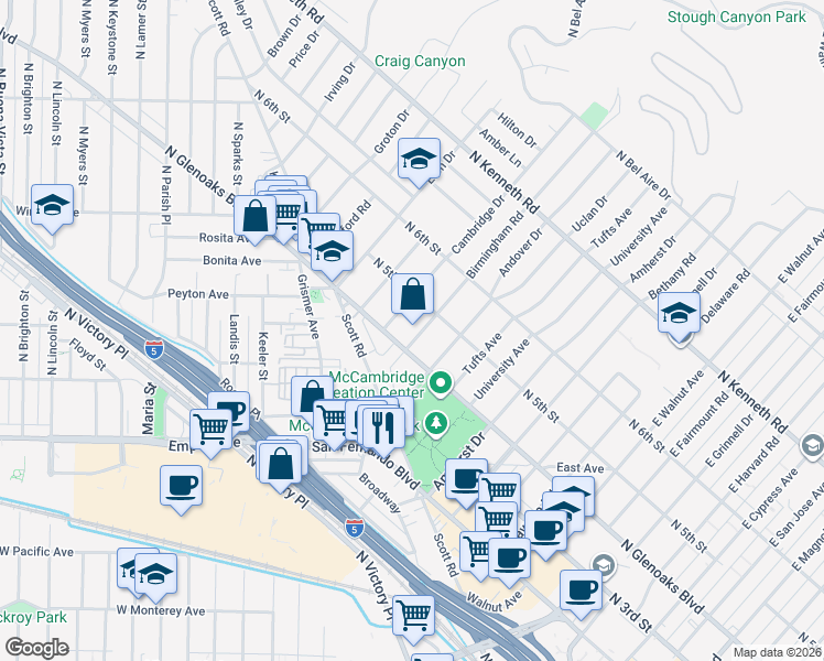 map of restaurants, bars, coffee shops, grocery stores, and more near 415 Birmingham Road in Burbank