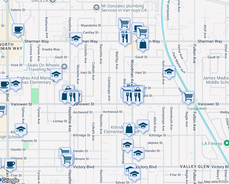 map of restaurants, bars, coffee shops, grocery stores, and more near 6847 Matilija Avenue in Los Angeles