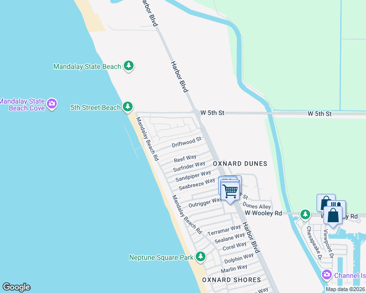 map of restaurants, bars, coffee shops, grocery stores, and more near 5346 Driftwood Street in Oxnard