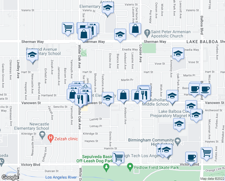 map of restaurants, bars, coffee shops, grocery stores, and more near 6848 Encino Avenue in Los Angeles