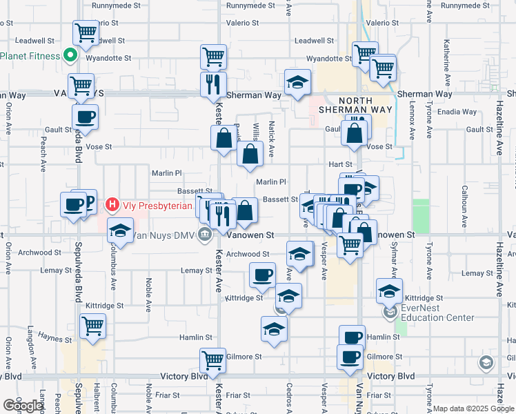 map of restaurants, bars, coffee shops, grocery stores, and more near 6848 Willis Avenue in Los Angeles