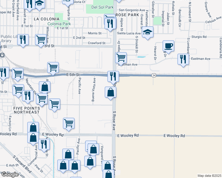 map of restaurants, bars, coffee shops, grocery stores, and more near 635 South Rose Avenue in Oxnard