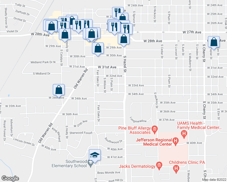 map of restaurants, bars, coffee shops, grocery stores, and more near 3313 South Palm Street in Pine Bluff