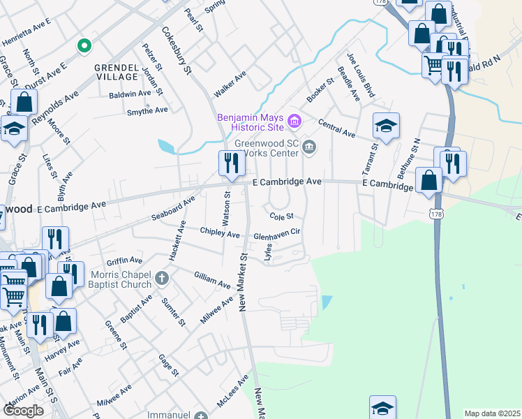 map of restaurants, bars, coffee shops, grocery stores, and more near 121 Cole Street in Greenwood