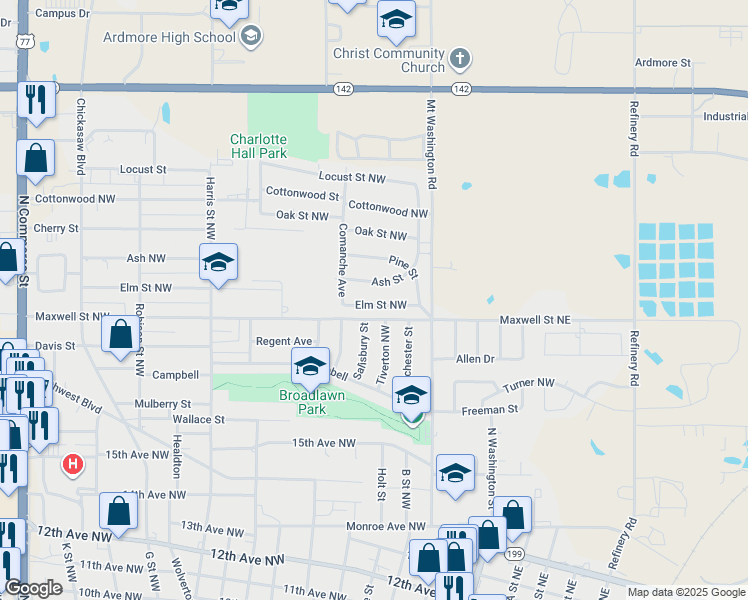 map of restaurants, bars, coffee shops, grocery stores, and more near 419 Elm Street Northwest in Ardmore