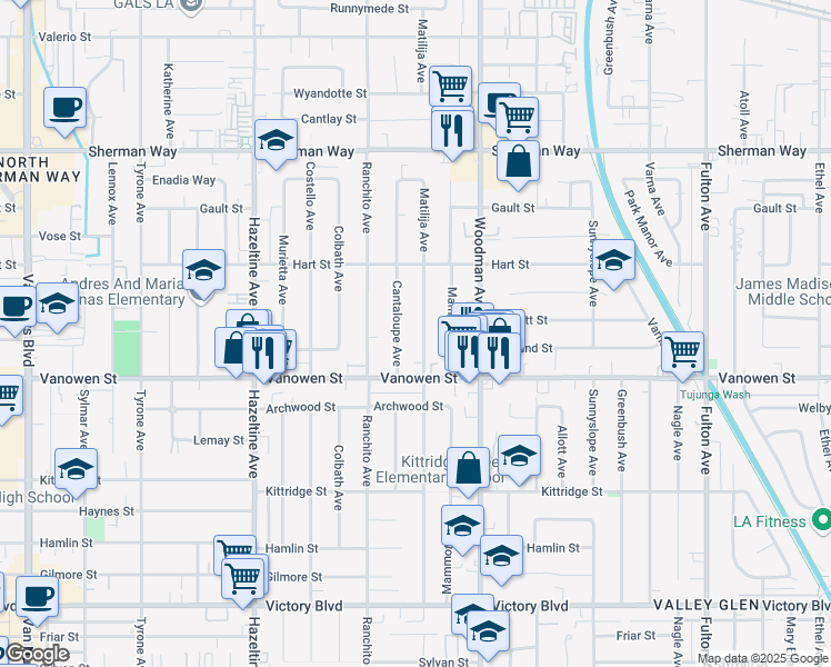 map of restaurants, bars, coffee shops, grocery stores, and more near 6847 Matilija Avenue in Los Angeles
