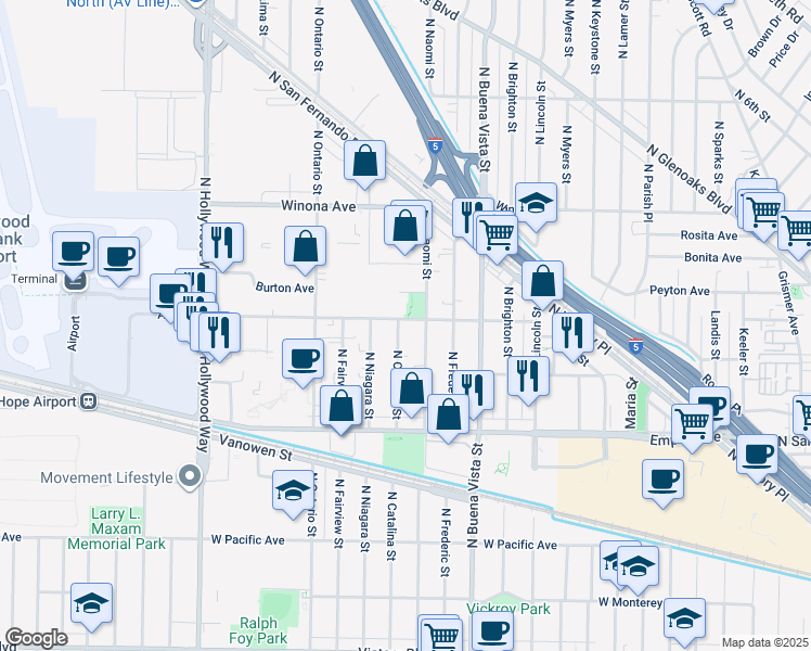 map of restaurants, bars, coffee shops, grocery stores, and more near 2344 North Catalina Street in Burbank