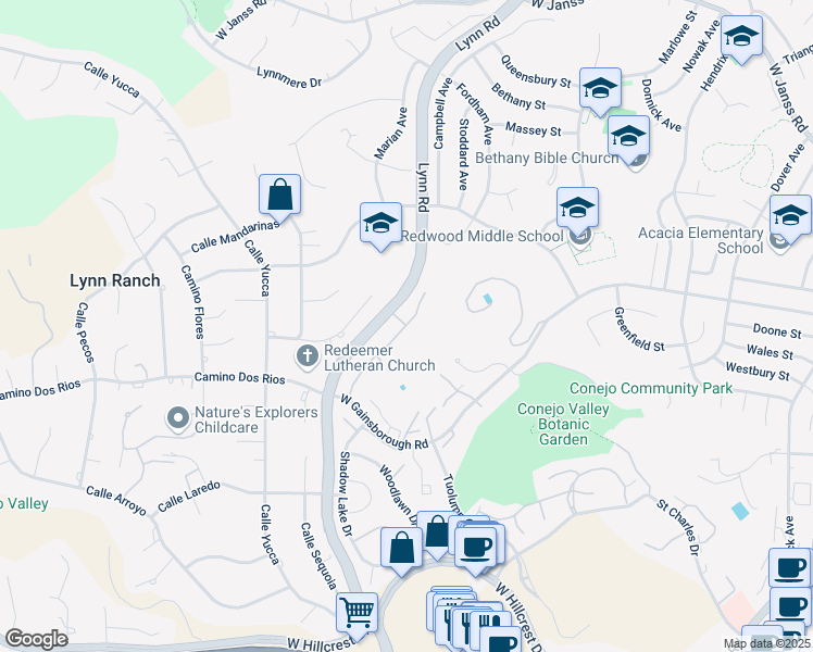 map of restaurants, bars, coffee shops, grocery stores, and more near Monte Sereno Drive & Portofino Place in Thousand Oaks
