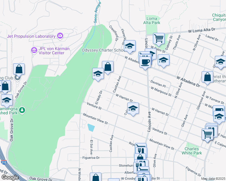 map of restaurants, bars, coffee shops, grocery stores, and more near 2907 Casitas Avenue in Altadena