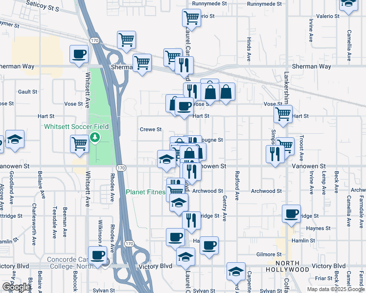 map of restaurants, bars, coffee shops, grocery stores, and more near 6851 Laurel Canyon Boulevard in Los Angeles