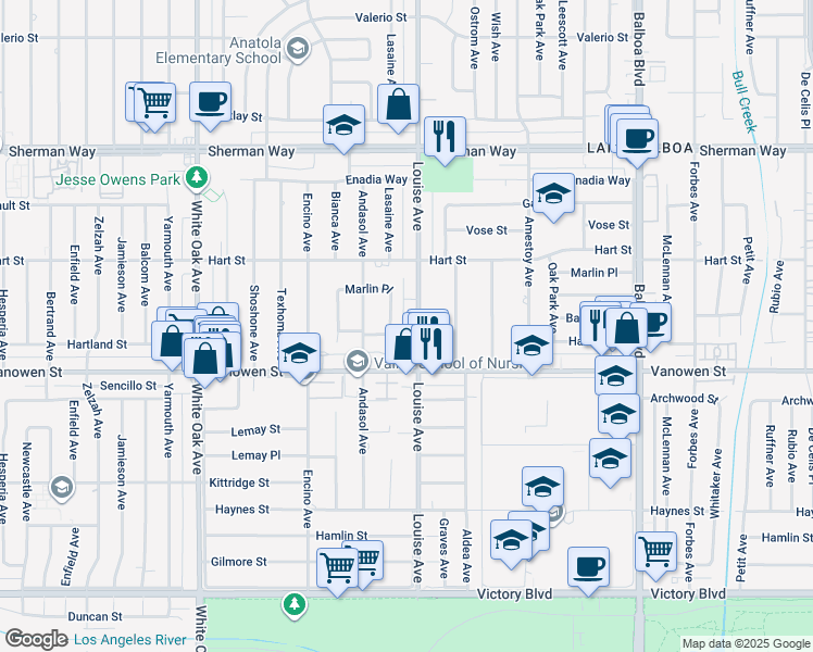 map of restaurants, bars, coffee shops, grocery stores, and more near 6845 Louise Avenue in Los Angeles