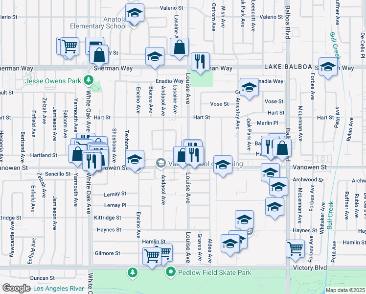 map of restaurants, bars, coffee shops, grocery stores, and more near 6845 Louise Avenue in Los Angeles