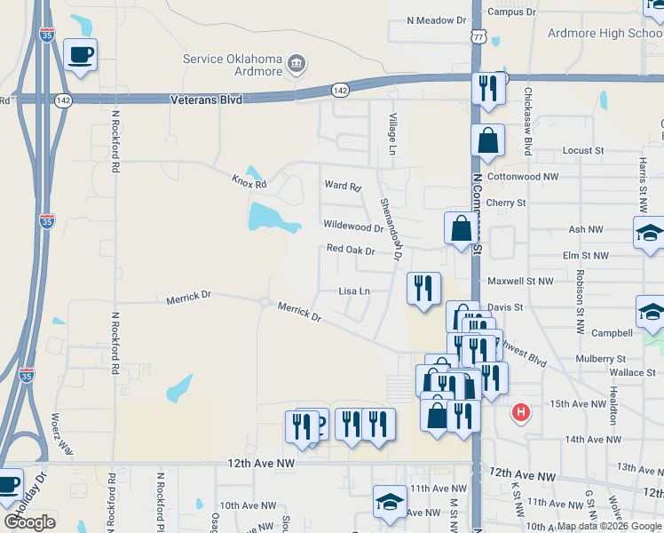 map of restaurants, bars, coffee shops, grocery stores, and more near 1916 Red Oak Drive in Ardmore