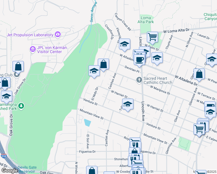 map of restaurants, bars, coffee shops, grocery stores, and more near 2907 Casitas Avenue in Altadena