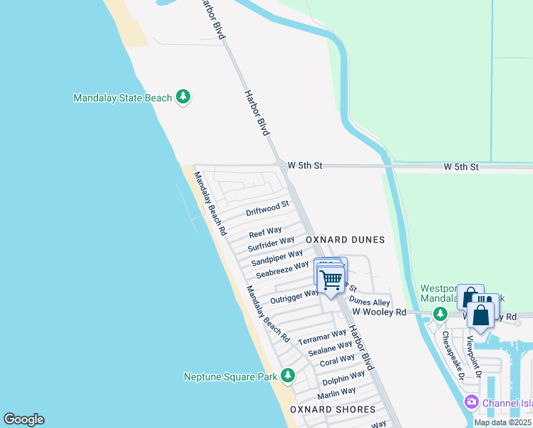 map of restaurants, bars, coffee shops, grocery stores, and more near 5320 Driftwood Street in Oxnard