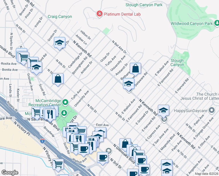 map of restaurants, bars, coffee shops, grocery stores, and more near 701 Bethany Road in Burbank