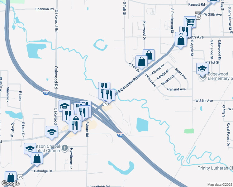map of restaurants, bars, coffee shops, grocery stores, and more near 4000 South Camden Road in Pine Bluff