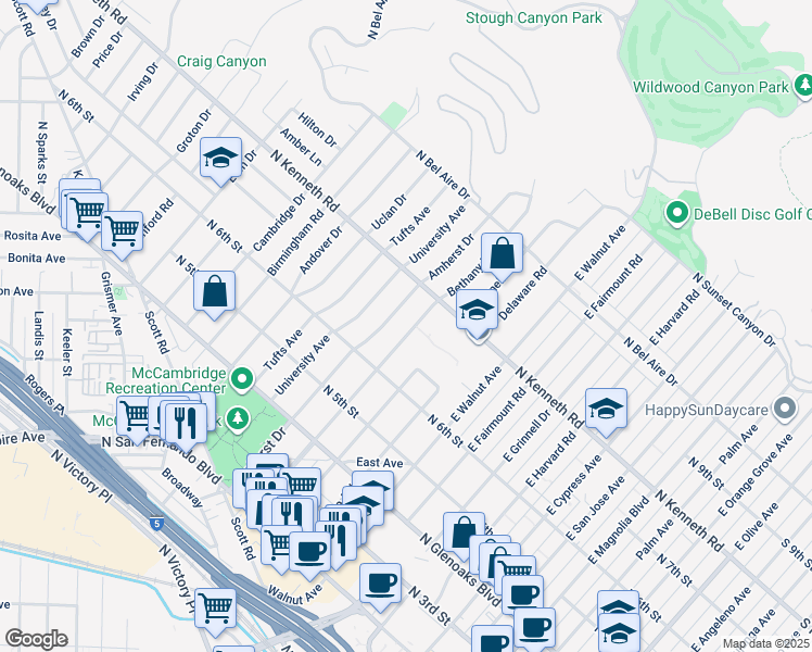 map of restaurants, bars, coffee shops, grocery stores, and more near 701 Bethany Road in Burbank