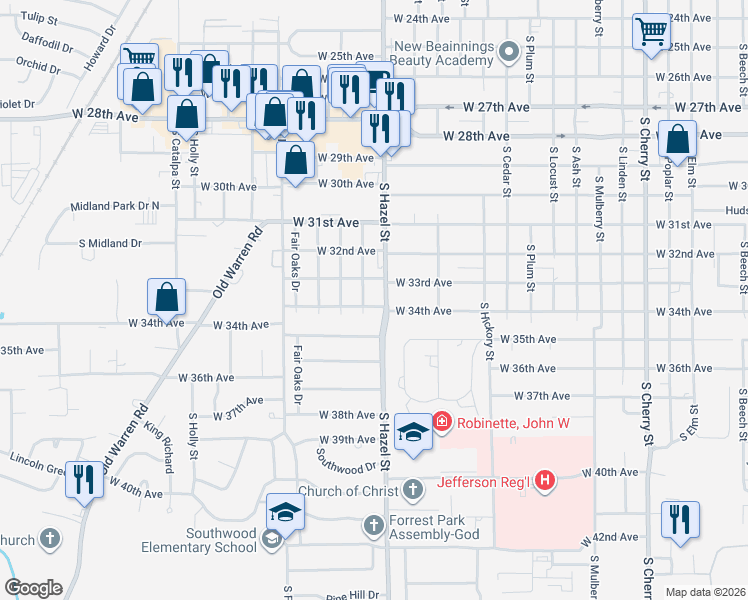 map of restaurants, bars, coffee shops, grocery stores, and more near 2205 West 34th Avenue in Pine Bluff