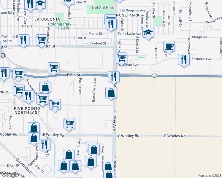 map of restaurants, bars, coffee shops, grocery stores, and more near 635 South Rose Avenue in Oxnard