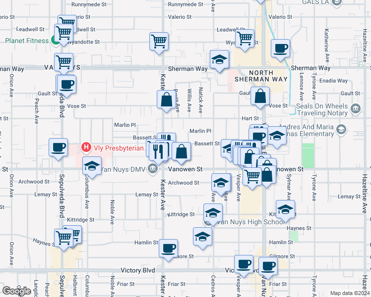 map of restaurants, bars, coffee shops, grocery stores, and more near 6847 Willis Avenue in Los Angeles