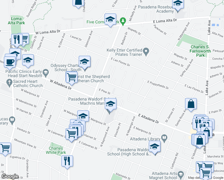 map of restaurants, bars, coffee shops, grocery stores, and more near 95 East Pine Street in Altadena