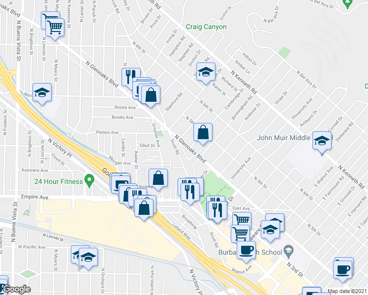 map of restaurants, bars, coffee shops, grocery stores, and more near 1811 North Glenoaks Boulevard in Burbank