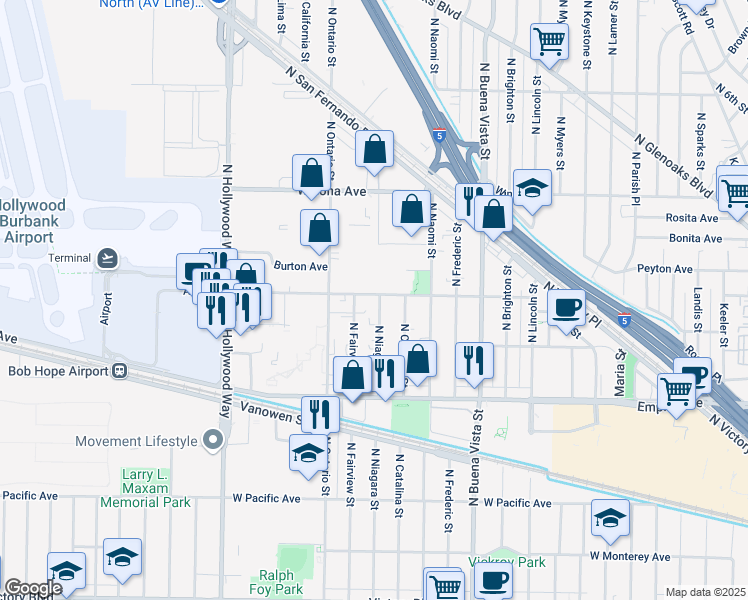map of restaurants, bars, coffee shops, grocery stores, and more near 2906 Thornton Avenue in Burbank