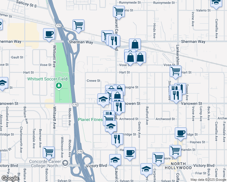 map of restaurants, bars, coffee shops, grocery stores, and more near 6850 1/2 Laurel Canyon Boulevard in Los Angeles