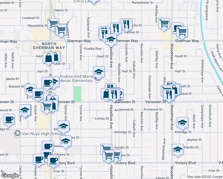 map of restaurants, bars, coffee shops, grocery stores, and more near 6853 Hazeltine Avenue in Los Angeles