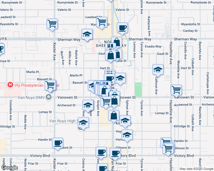 map of restaurants, bars, coffee shops, grocery stores, and more near 6857 Van Nuys Boulevard in Los Angeles