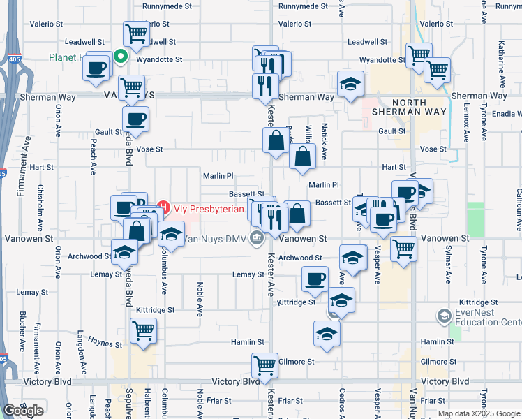 map of restaurants, bars, coffee shops, grocery stores, and more near 14913 Hartland Street in Los Angeles