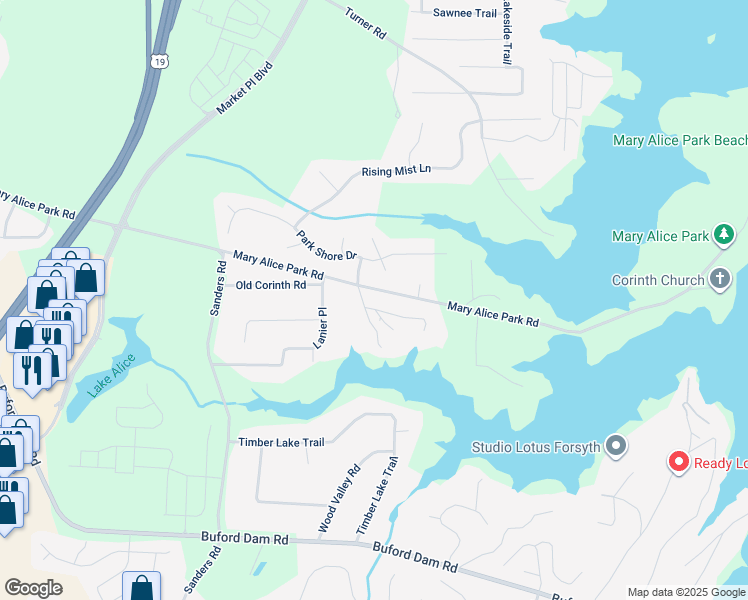 map of restaurants, bars, coffee shops, grocery stores, and more near 1120 Mary Alice Park Road in Cumming