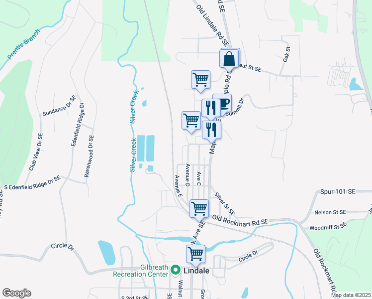 map of restaurants, bars, coffee shops, grocery stores, and more near 316 Avenue D in Lindale