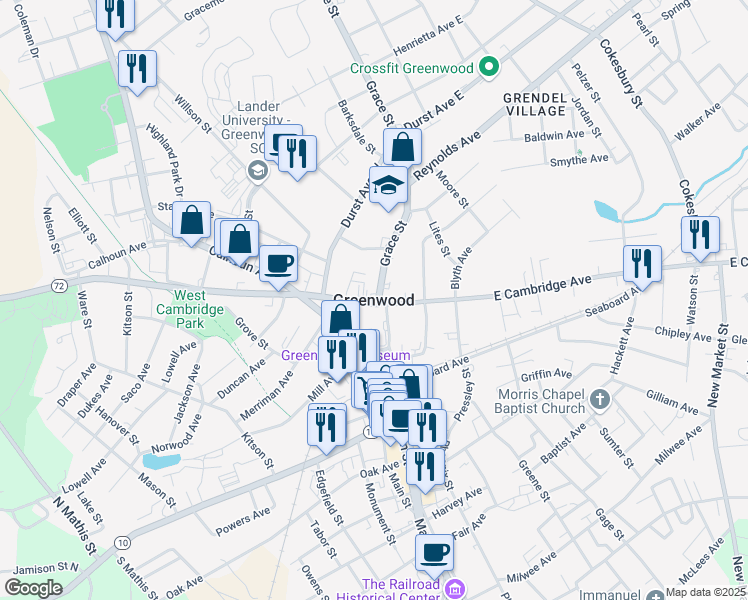 map of restaurants, bars, coffee shops, grocery stores, and more near in Greenwood