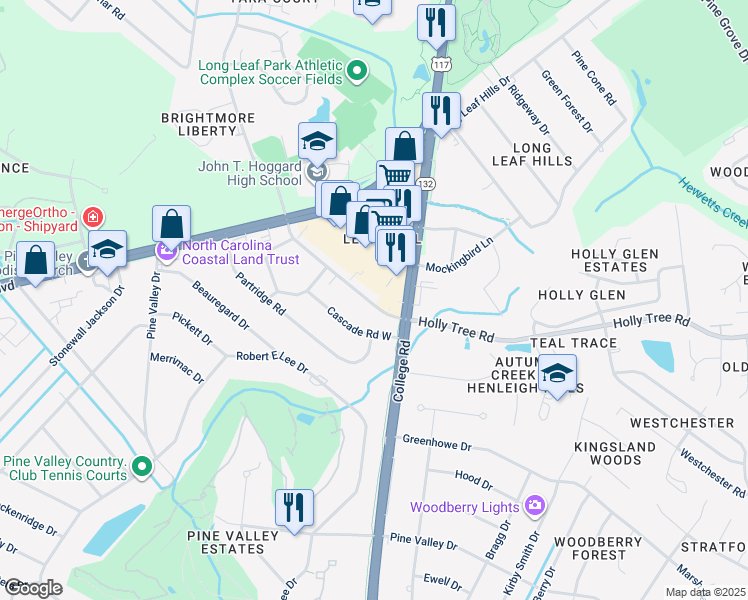 map of restaurants, bars, coffee shops, grocery stores, and more near 4561 Holly Tree Road in Wilmington