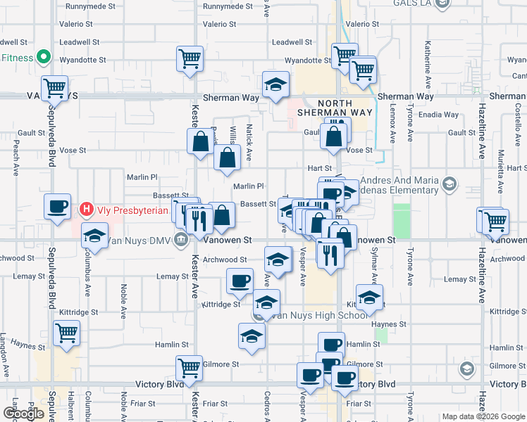 map of restaurants, bars, coffee shops, grocery stores, and more near 6851 Cedros Avenue in Los Angeles