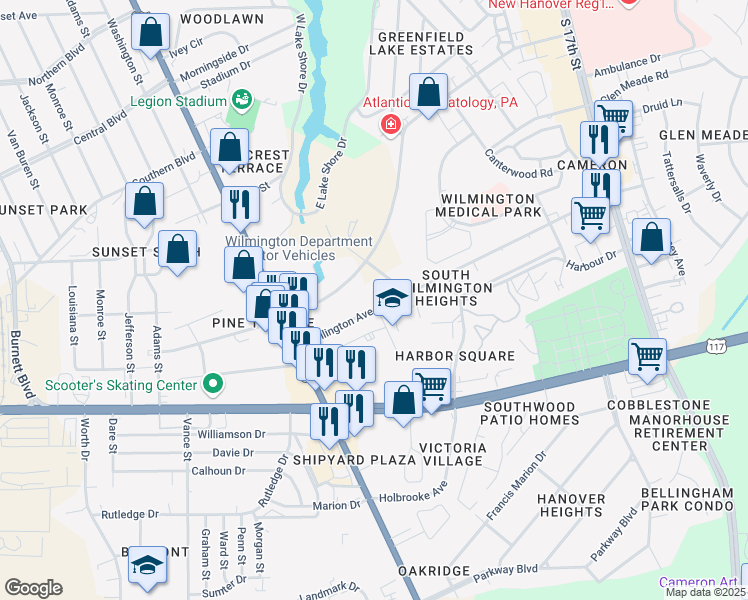 map of restaurants, bars, coffee shops, grocery stores, and more near 725 Wellington Avenue in Wilmington