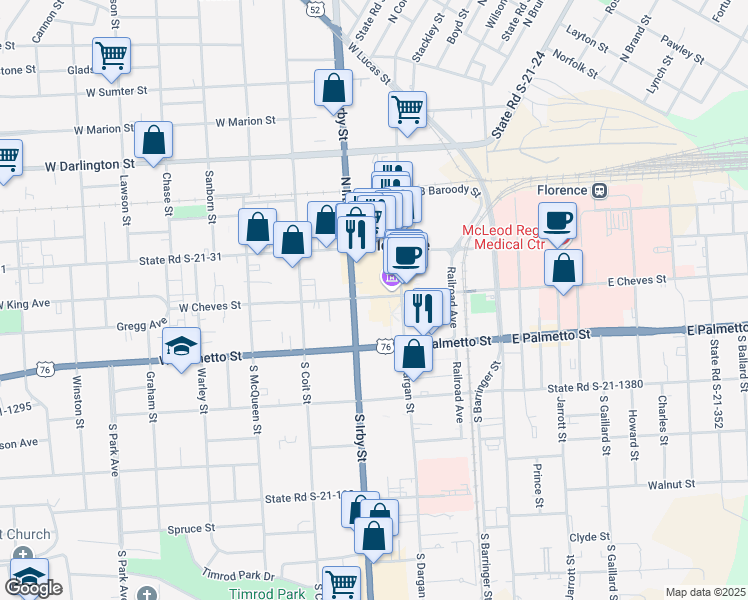 map of restaurants, bars, coffee shops, grocery stores, and more near 726 West Cheves Street in Florence