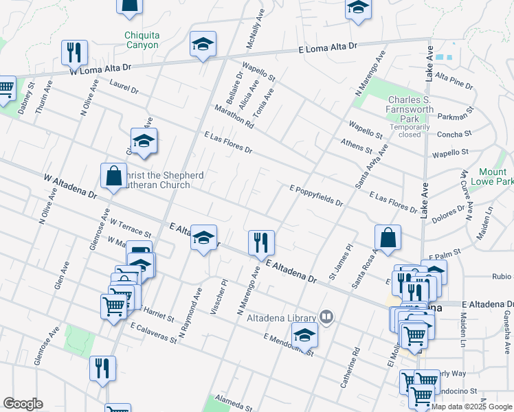 map of restaurants, bars, coffee shops, grocery stores, and more near 241 East Palm Street in Altadena
