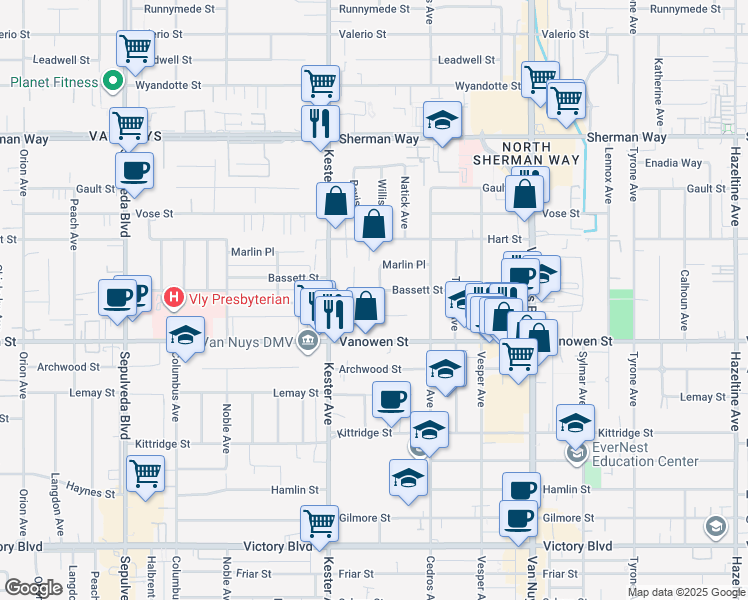 map of restaurants, bars, coffee shops, grocery stores, and more near 6847 Willis Avenue in Los Angeles