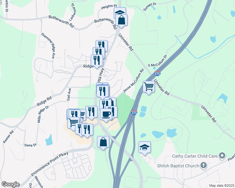 map of restaurants, bars, coffee shops, grocery stores, and more near 232 Cottonwood Creek Circle in Canton