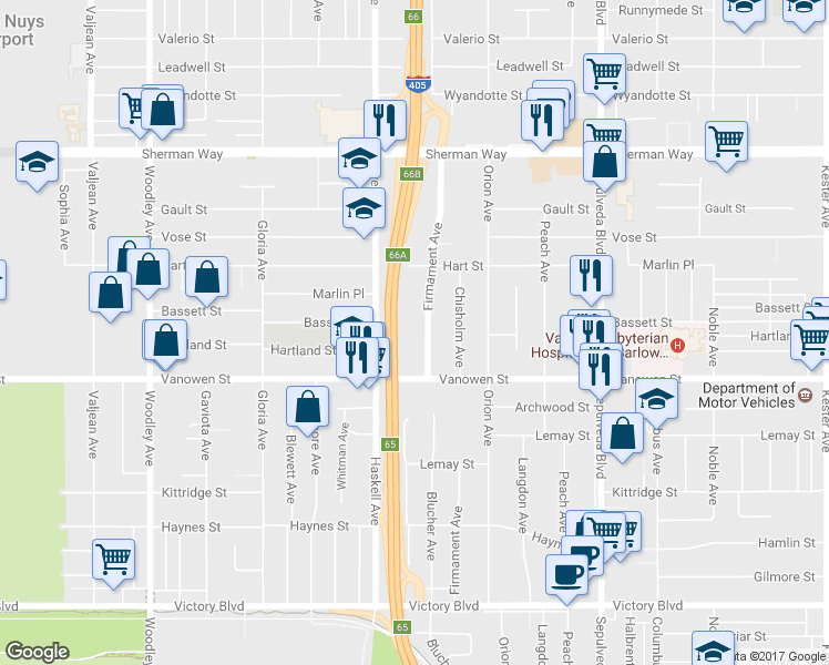 map of restaurants, bars, coffee shops, grocery stores, and more near 6849 Firmament Avenue in Los Angeles