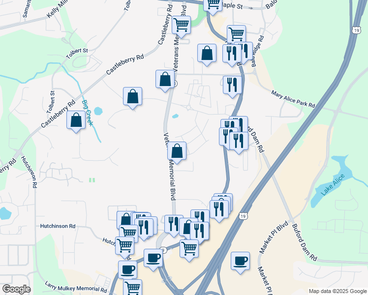 map of restaurants, bars, coffee shops, grocery stores, and more near 167 Basil Street in Cumming