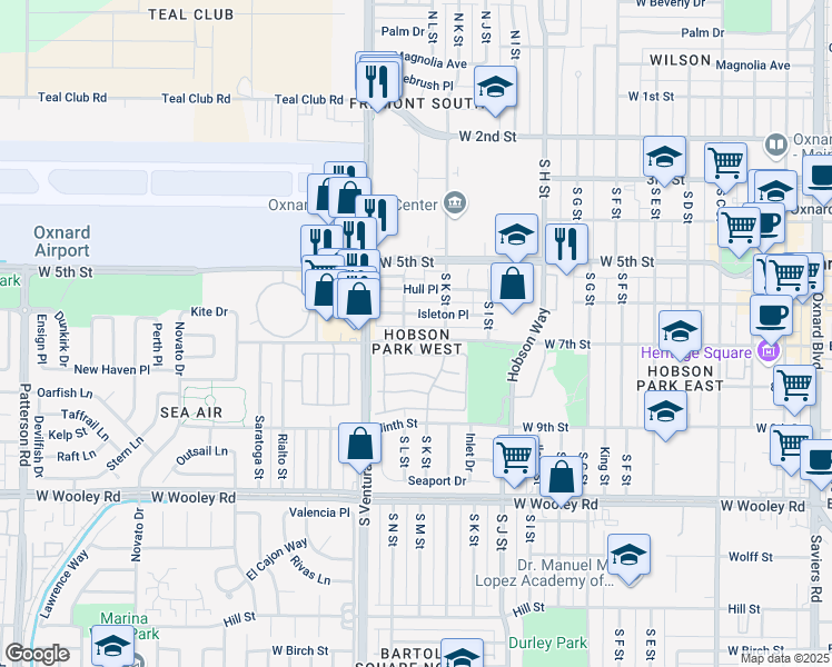 map of restaurants, bars, coffee shops, grocery stores, and more near 1241 West 7th Street in Oxnard
